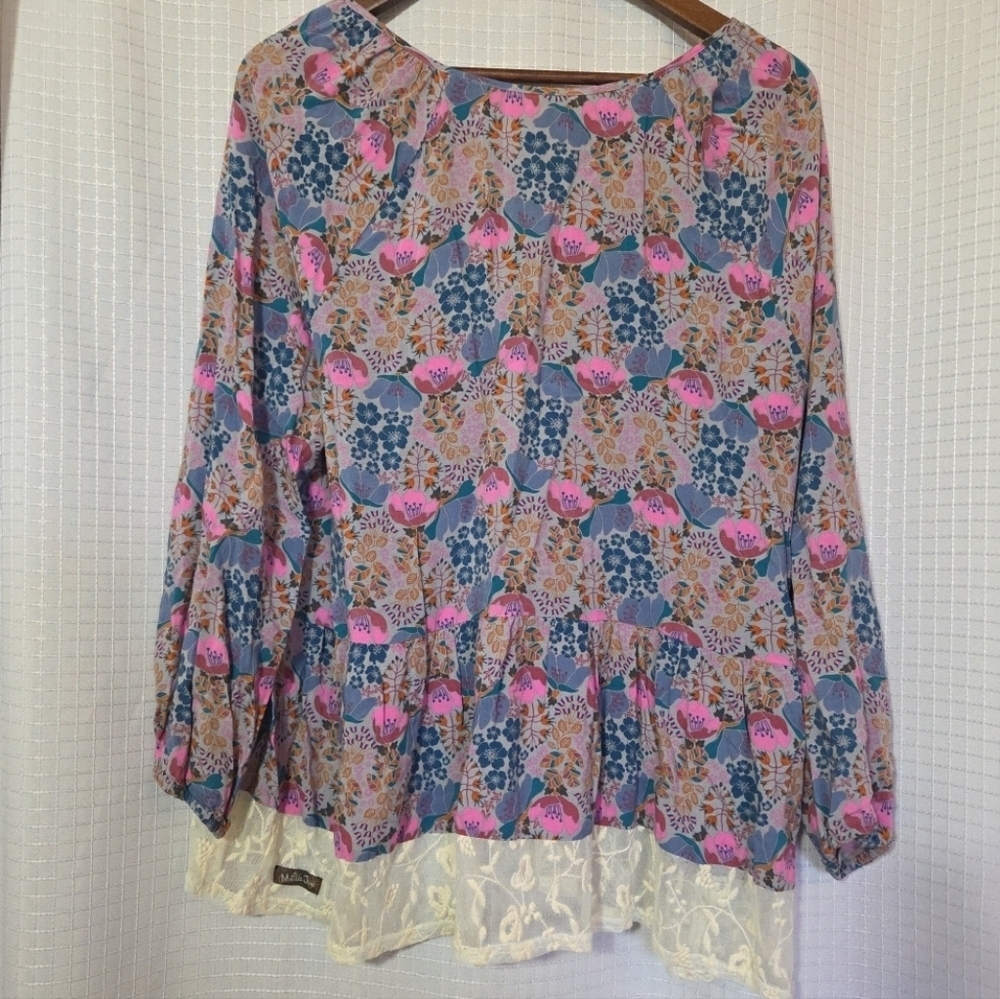 Matilda Jane Pink & Blue Floral Lace-Front Boho Tunic Size Large - Picture 4 of 9